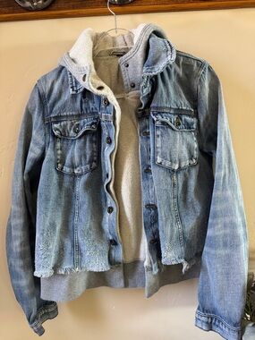 Free People Light Blue Distressed Denim Jacket with Heather Gray Hoodie